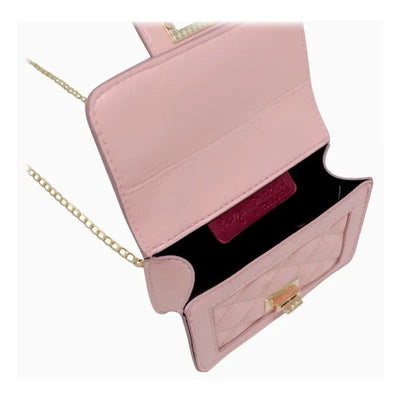 Black quilted mini purse with gold chain strap, open to show inner compartment and branded card.