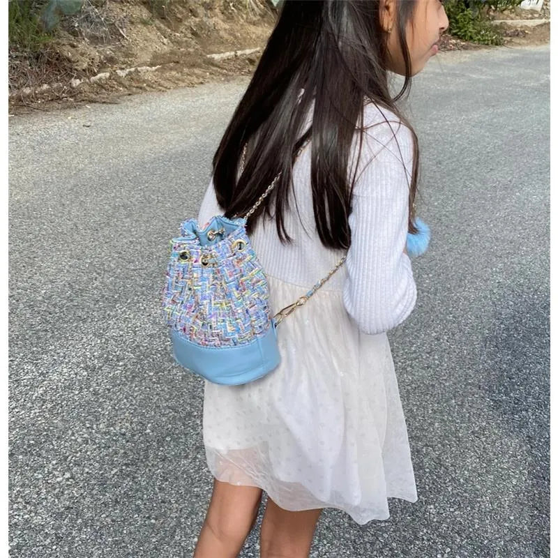 Tiny Treats - Tweed Drawstring Backpack Bag, Blue Image 4