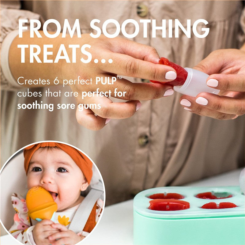 Boon PULP Silicone Feeder & Freezer Tray Set shown with a hand filling a feeder with a soft cube for soothing gums.