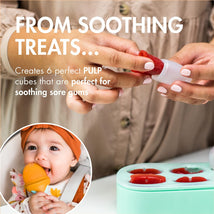 Boon PULP Silicone Feeder & Freezer Tray Set shown with a hand filling a feeder with a soft cube for soothing gums.