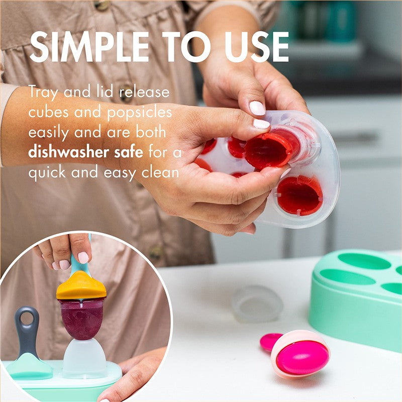 Boon PULP Silicone Feeder & Freezer Tray Set, showing hands holding a tray with red popsicles, emphasizing easy release and dishwasher safety.