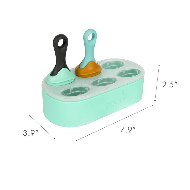 Boon PULP Silicone Feeder & Freezer Tray Set with two brightly colored handles and six compartments for food storage.