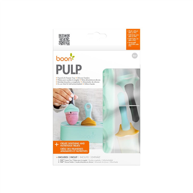 Boon PULP Silicone Feeder & Freezer Tray Set packaging featuring colorful silicone feeders and a tray for making nutritious baby treats.
