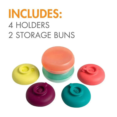 Colorful set of four Tomy Boon popsicle holders and two storage caps, designed for easy ice pop enjoyment.