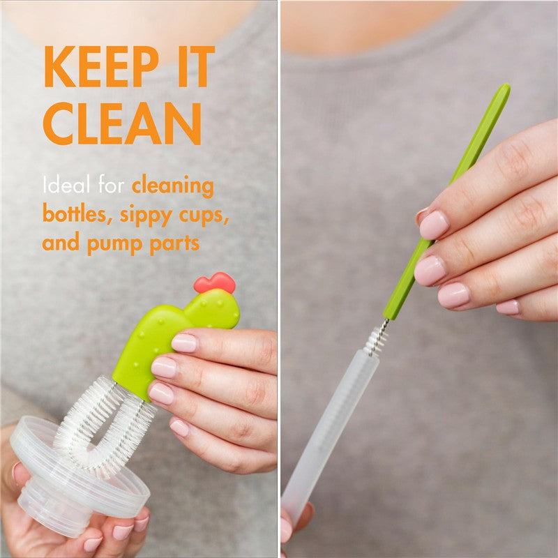 Boon CACTI Bottle Cleaning Brush Set features a cactus-shaped brush and a thin cleaner for effectively cleaning bottles and sippy cups.