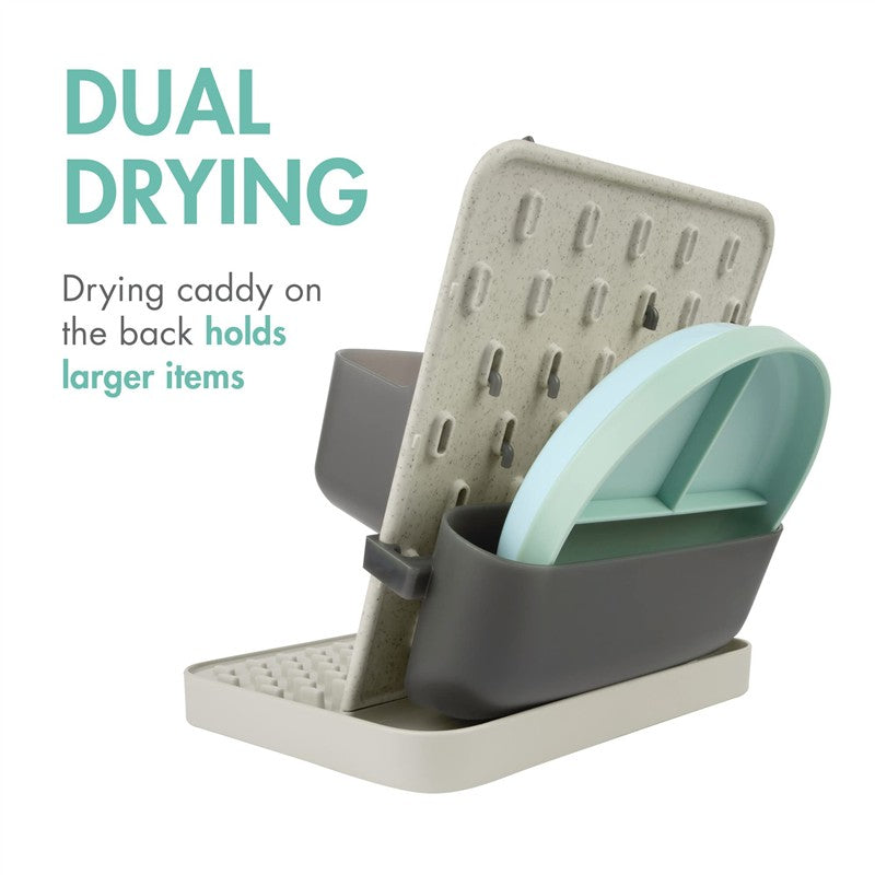 Customizable vertical drying rack with a textured surface and a caddy for larger items, labeled “Dual Drying.”