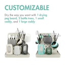 Customizable vertical drying rack displaying a peg board and various caddies for drying bottles and utensils.