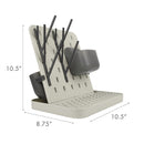 Customizable vertical drying rack with a textured base and angled pegs for efficient dish drying. Dimensions shown.