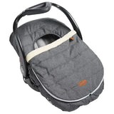 Heather grey infant car seat cover with plush trim, designed for warmth and comfort, fitting securely over a car seat.