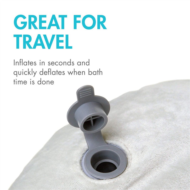Inflatable baby bather valve with text highlighting its travel convenience, inflating quickly for bath time.
