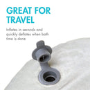 Inflatable baby bather valve with text highlighting its travel convenience, inflating quickly for bath time.