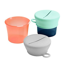 Boon SNUG Snack Silicone Lids 2-Pack in mint, featuring two silicone lids for cups, with one peach and one dark blue cup.