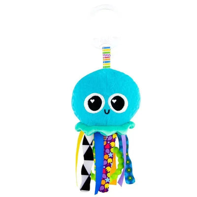 Soft turquoise jellyfish toy with large expressive eyes and colorful patterned tentacles, designed for infant play.