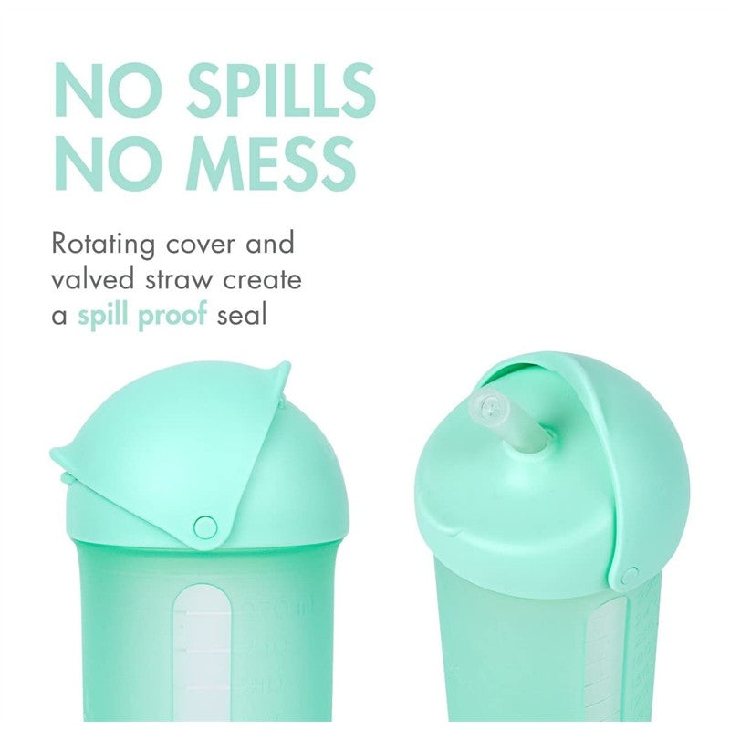 Boon SWIG Silicone Straw Cup in mint color, featuring a rotating cover and valved straw for spill-proof use.