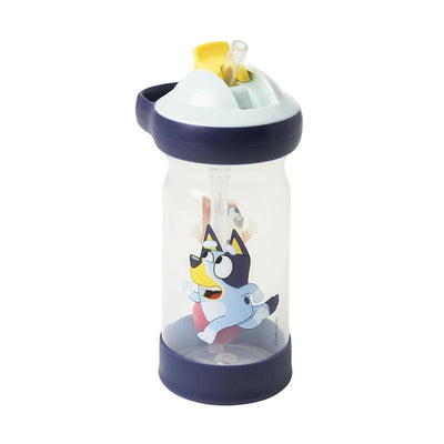 Toddler water bottle featuring Bluey character, 12 oz capacity, with a straw and floating charm on a light blue lid.