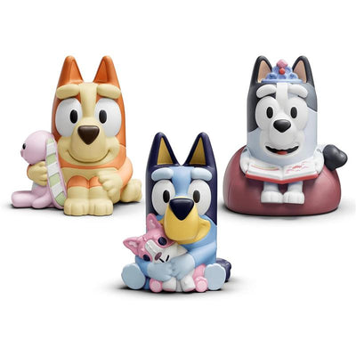 Set of three Tonies audio toy figurines featuring Bluey, Bingo, and Muffin in playful poses.