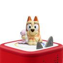 Bluey figurine set featuring Bluey, Bingo, and Muffin on a red audio toy, designed for interactive play and storytelling.