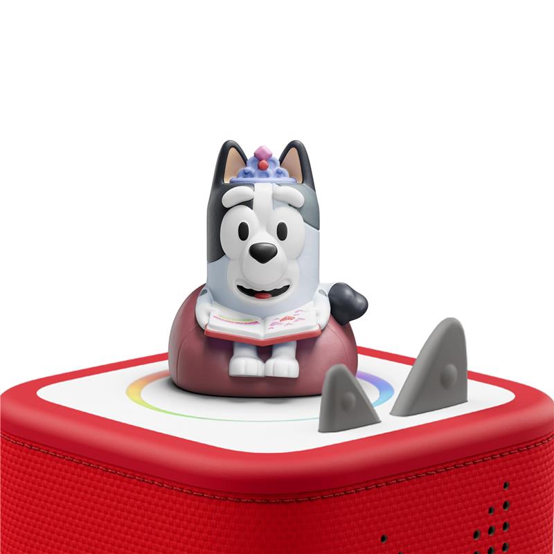 Tonies Bluey audio toy figurine set featuring Bluey reading a book, on a red audio player with colorful activity buttons.