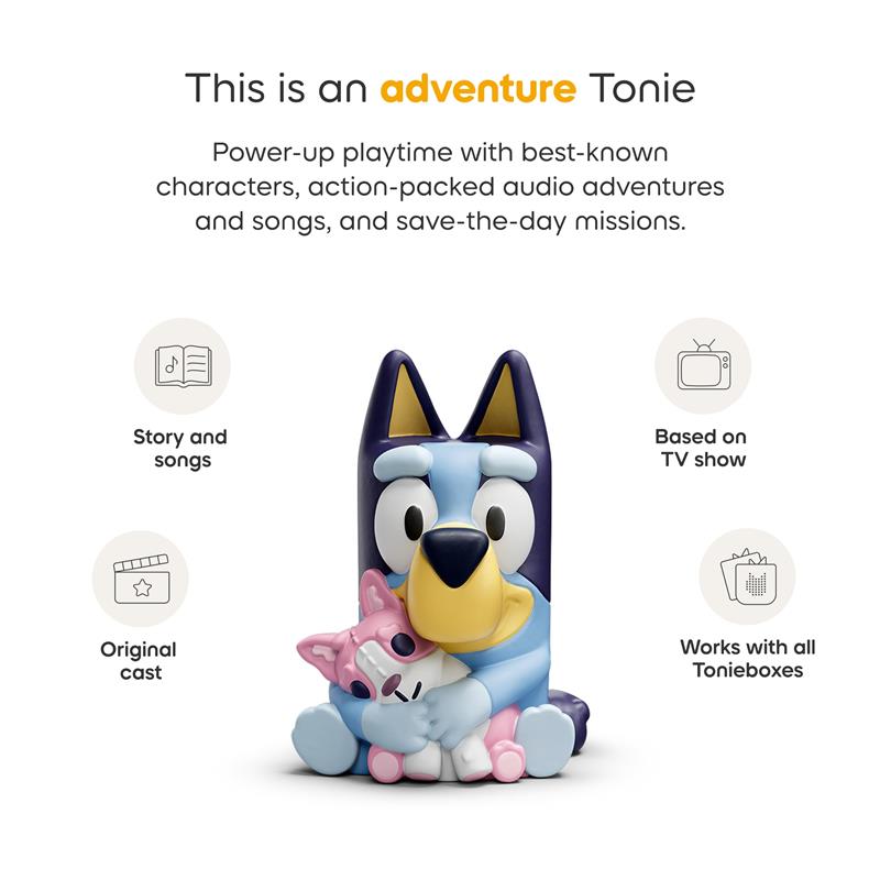 Tonies 3Pk Bluey Audio Toy Figurine Set featuring Bluey, Bingo, and Muffin for interactive audio adventures.