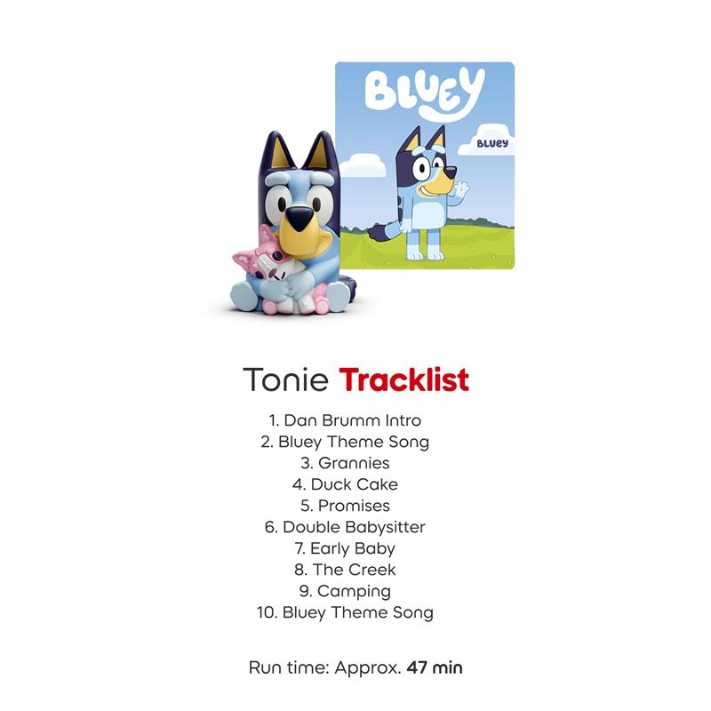 Tonies 3Pk Bluey Audio Toy Figurine Set featuring Bluey, Bingo, and Muffin with a tracklist for stories and songs.