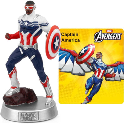 Captain America Sam Wilson audio toy figurine, detailed in red, white, and blue, with a shield and a vibrant character card.