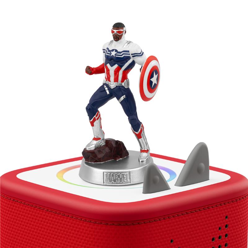Tonies Captain America Sam Wilson figurine stands on a red audio box, featuring a shield and vibrant superhero costume.