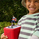 Captain America Sam Wilson figurine atop a red audio speaker, held by a smiling child in a striped shirt.