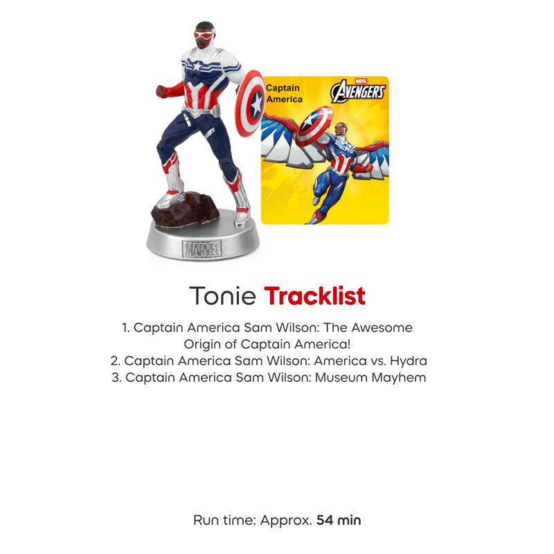 Captain America Sam Wilson audio toy figurine with a shield, accompanied by a tracklist card listing stories.