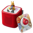 Winnie the Pooh Toniebox in sunset red with figurine on top and colorful play dial for story selection.