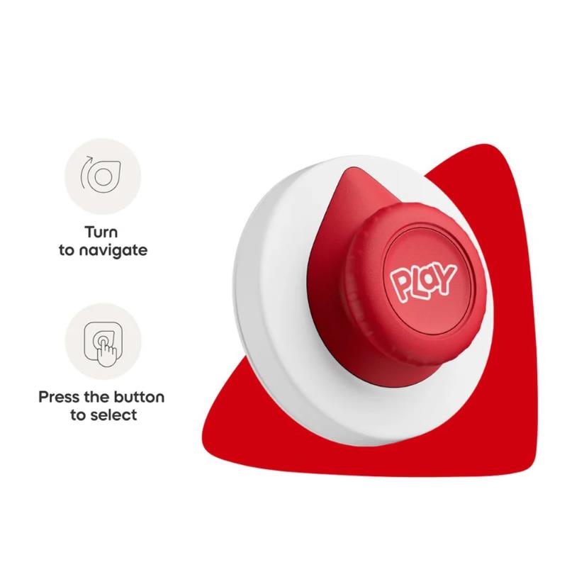 Toniebox control knob in red and white with instructions to turn to navigate and press to select.