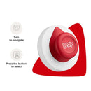 Toniebox control knob in red and white with instructions to turn to navigate and press to select.