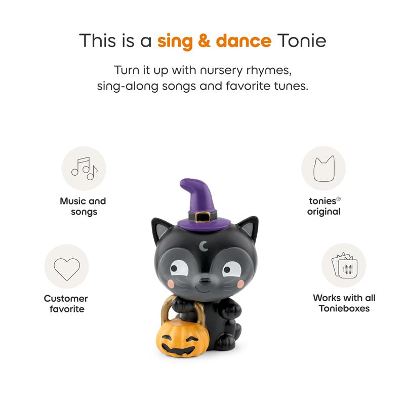 Black cat figurine wearing a purple witch hat, holding a pumpkin bag, featuring Halloween songs for children.