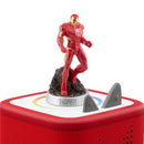 Tonies Iron Man audio toy figurine from Marvel, featuring a red armored figure on a rock base, atop a red speaker.