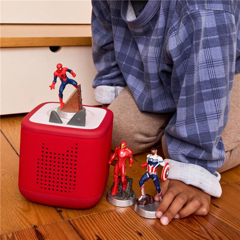 Tonies Iron Man audio toy figurine displayed on a red speaker with Spider-Man and Captain America figurines beside it.