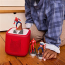 Tonies Iron Man audio toy figurine displayed on a red speaker with Spider-Man and Captain America figurines beside it.