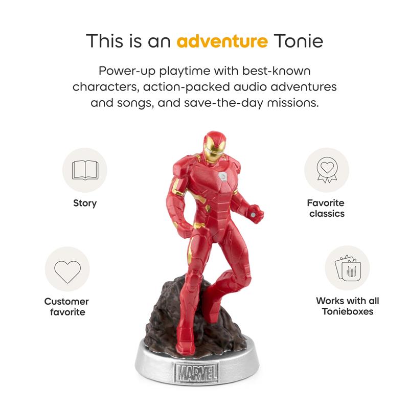 Tonies Iron Man figurine from Marvel, designed for audio adventures, featuring detailed red armor and a silver base.