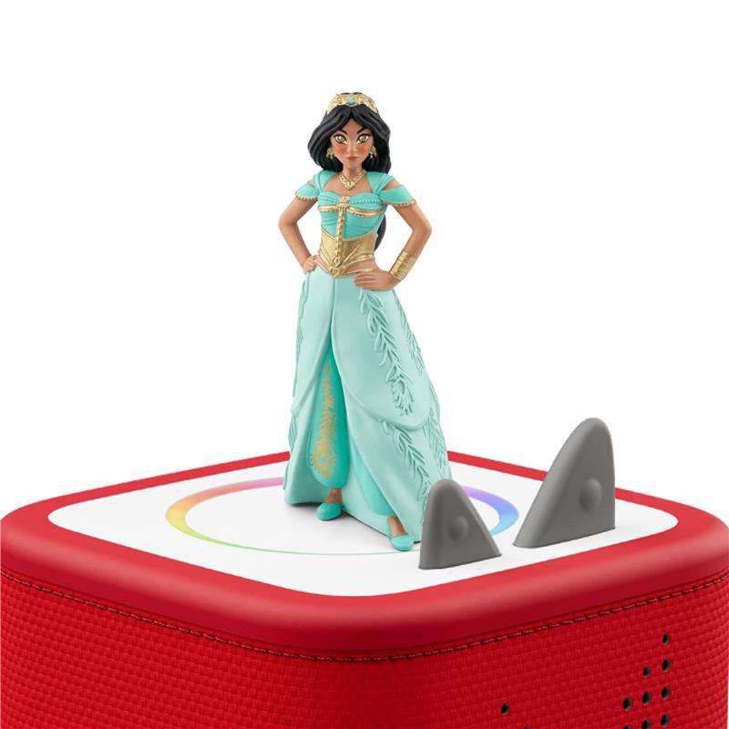 Tonies Jasmine audio toy figurine, depicting Jasmine in a teal dress atop a red base with playback buttons.