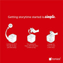 Illustration showing three steps for using a Tonies audio toy: connect to Wi-Fi, place a Tonie on the box, and start a story.