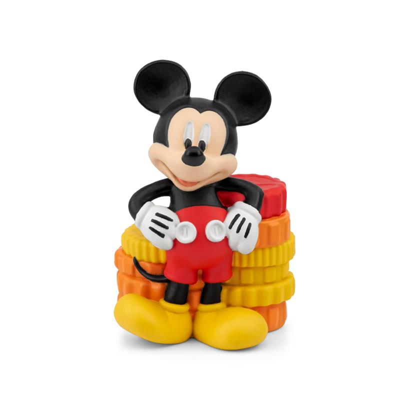 Mickey Mouse Clubhouse audio toy figurine, featuring Mickey in red shorts, black shirt, and cheerful pose, with colorful stacks behind.