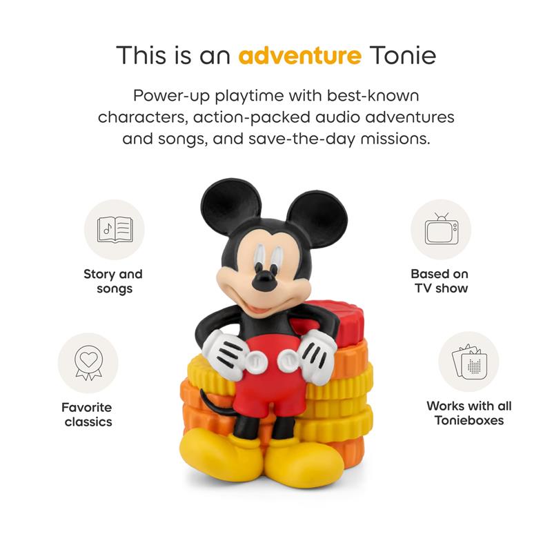 Tonies Mickey Mouse Clubhouse audio toy figurine, featuring Mickey with red shorts, yellow shoes, and colorful background piles.