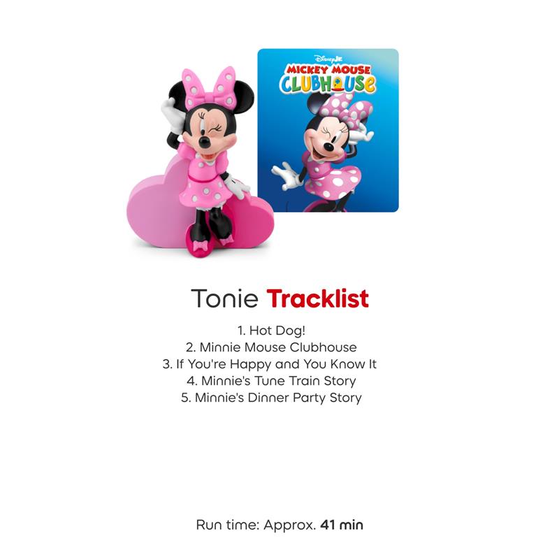 Minnie Mouse Clubhouse audio toy figurine, pink dress and bow, with tracklist for Disney stories and songs.