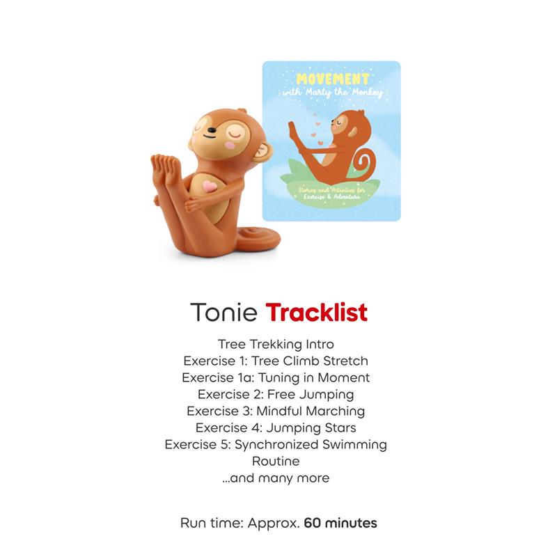 Tonies Movement with Marty the Monkey figurine, featuring a colorful card listing exercises for mindfulness activities.