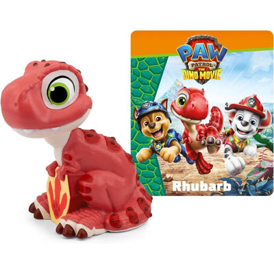 Rhubarb audio toy figurine from PAW Patrol The Dino Movie, featuring a red dinosaur with a playful expression and a shield.