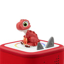 Rhubarb, a red dinosaur figurine from PAW Patrol The Dino Movie, sits atop a red audio toy.