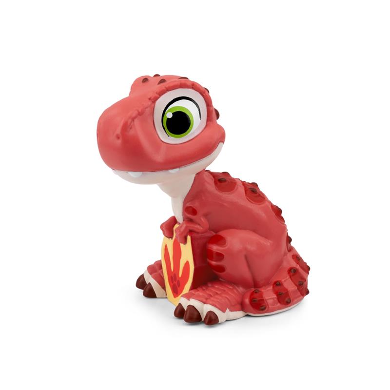 Red dinosaur figurine from Tonies, featuring large eyes and a shield with a paw print, inspired by PAW Patrol.