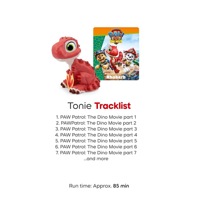 Rhubarb audio toy figurine from PAW Patrol The Dino Movie, with accompanying tracklist and run time details.