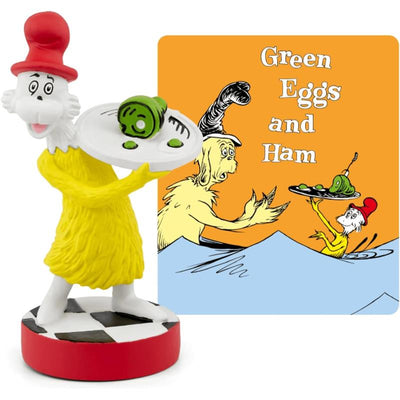 Tonies Sam-I-Am figurine holding a plate with green eggs and ham, alongside an illustration from the book.