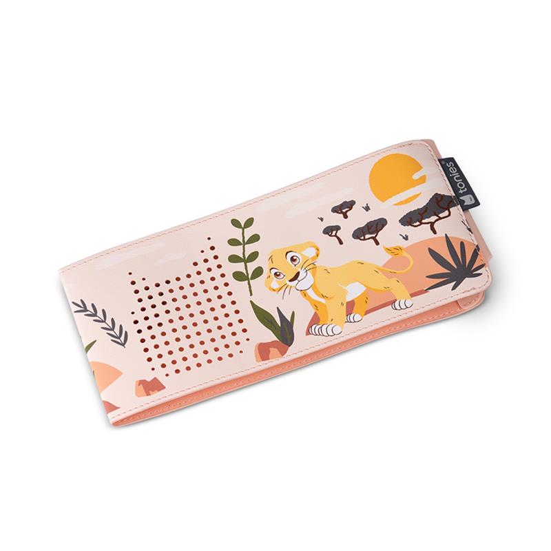 Decorative wrap for Toniebox 2 featuring Simba from The Lion King among tropical plants and a sunset backdrop.