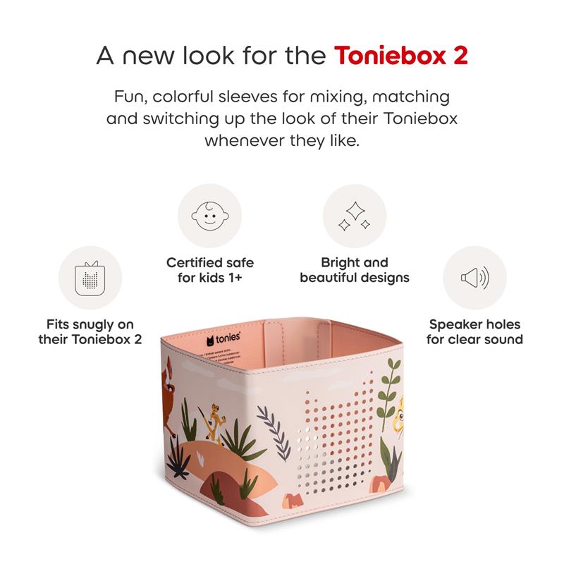 Decorative wrap for Toniebox 2 featuring The Lion King characters, designed for children with speaker holes for sound.