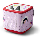 Rainbow decorative wrap for Toniebox 2 featuring a purple design with colorful rainbows and dotted patterns.